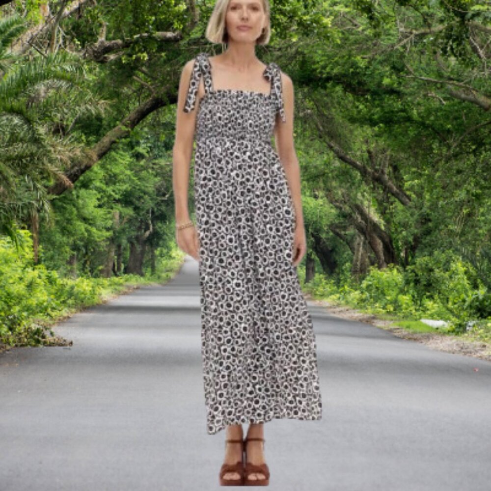 Diane Von Furstenberg x Target Smocked Tie Strap Neutral Poppy Midi Dress L